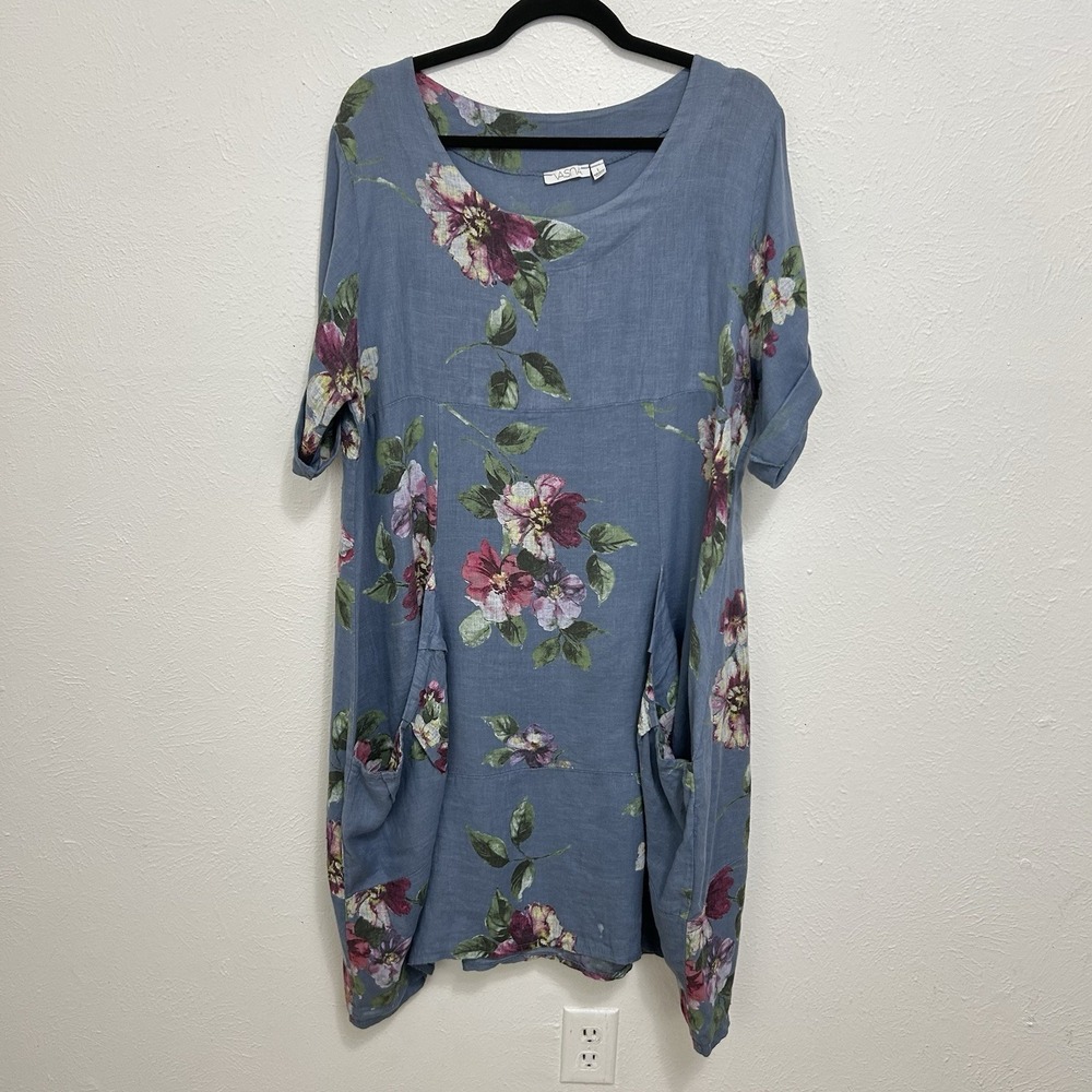 Vasna Linen Floral Dress  Blue Roll Sleeve Made in Italy Lagenlook Midi Pocket L